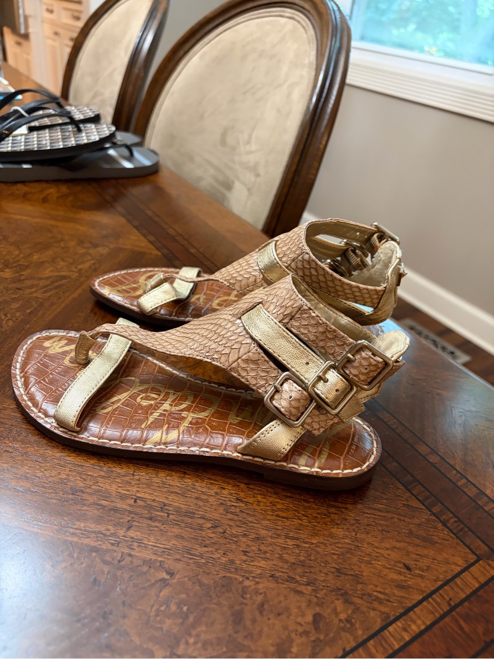 Sam Edelman Metallic Gold and Tan Buckle Gladiator Sandals